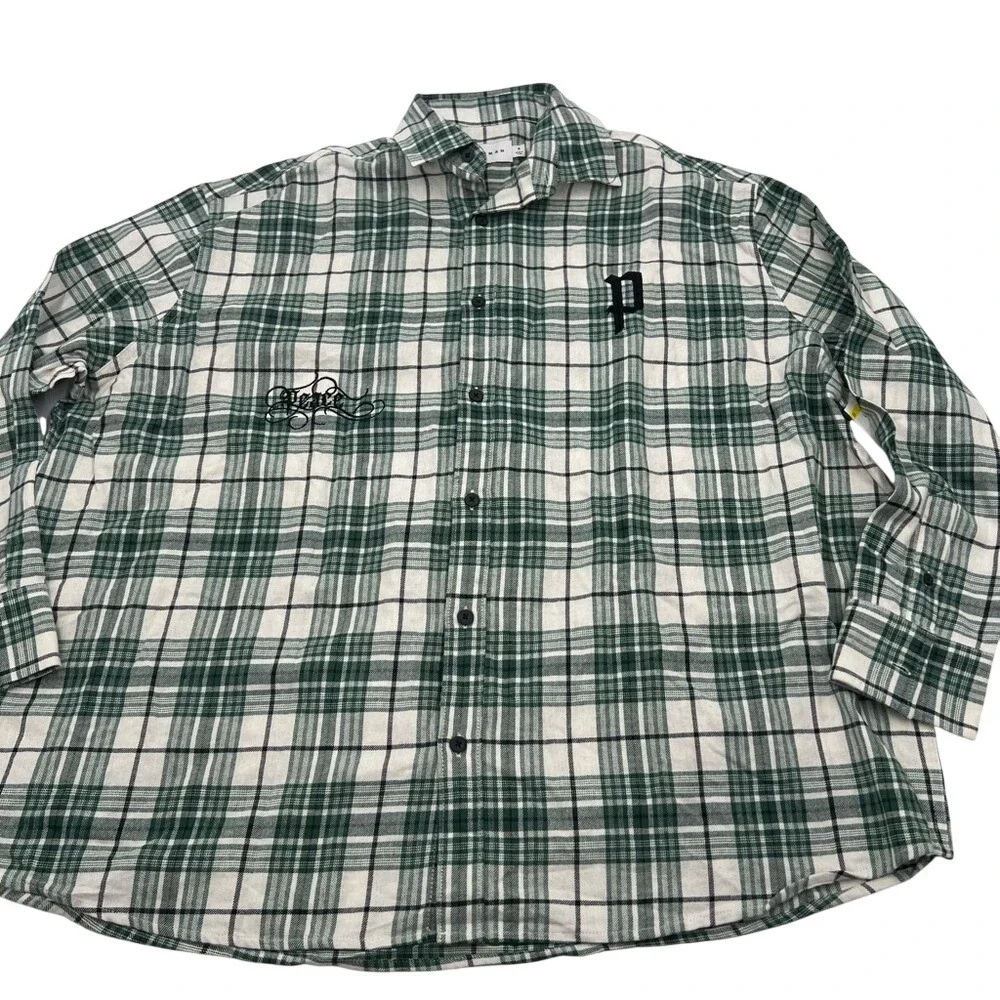 Topman‎ Mens Green White Plaid Embroidered Peace Flannel Button Down Shirt S NEW